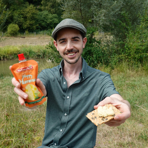 Wiederverschliessbarer Hummus im praktischen Beutel für Camping, Outdoor-Abenteuer und unterwegs.