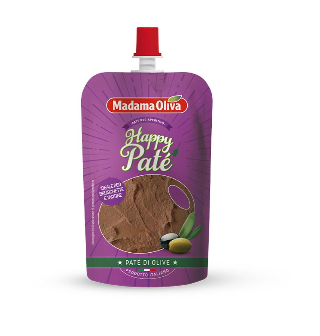 Black olive paté pouch for outdoor and pic-nic in purple packaging with a red cap, shown on a white background.